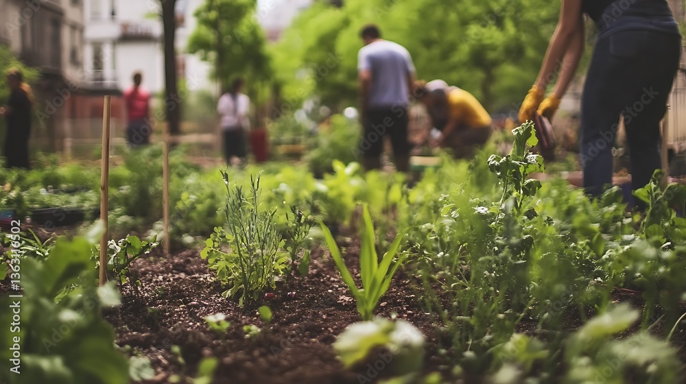 Fototapeta premium community garden with people planting and caring for plants