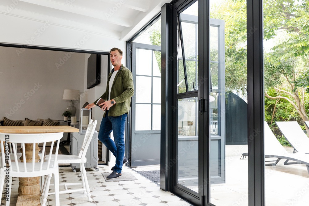 Man holding tablet walking through modern home with open patio doors Man holding tablet walking through modern home with open patio doors
