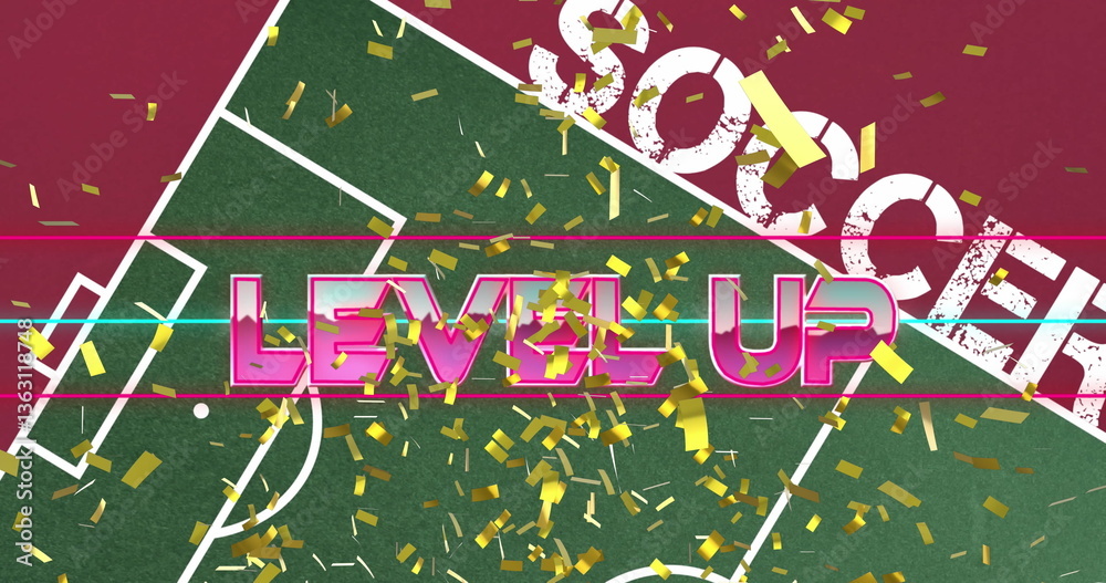 Naklejka premium Image of words level up in pink and gold confetti falling over word soccer on sports pitch