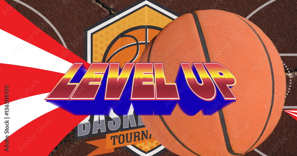Naklejka premium Image of words level up with red and white stripes and basketball over basketball court