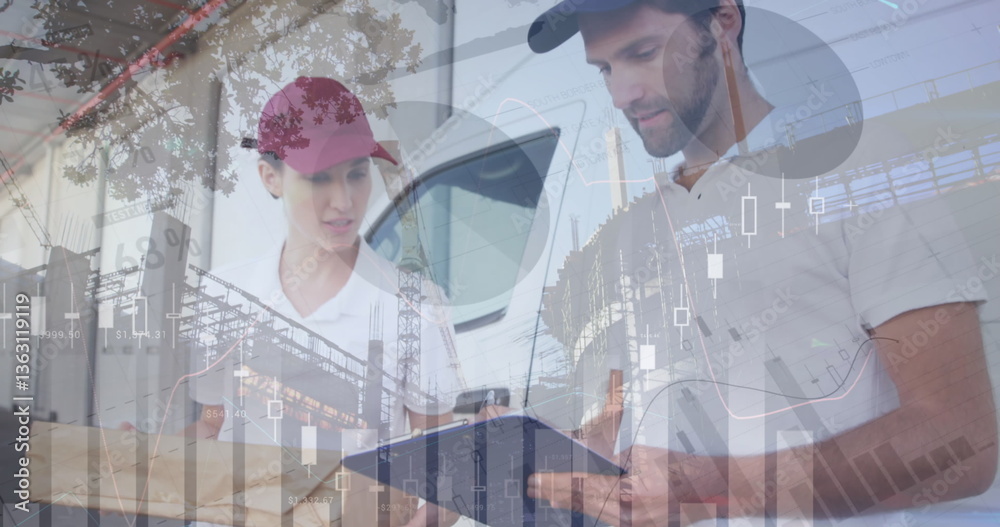 custom made wallpaper toronto digitalImage of financial data processing over delivery man holding clipboard outside of warehouse