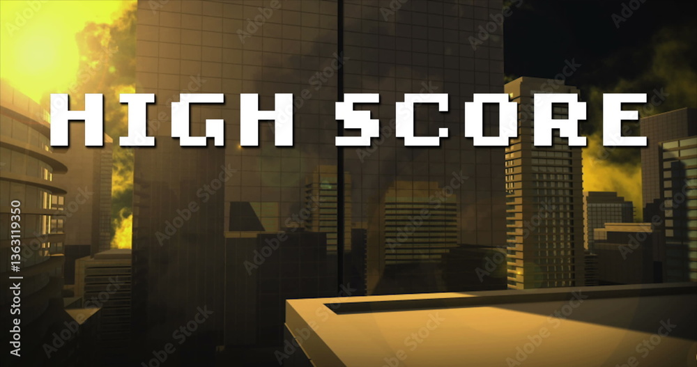 Naklejka premium Image of white pixel text high score, over modern cityscape sunset