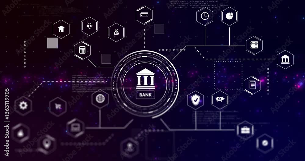 Digital network showing banking technology icons connected in animation background