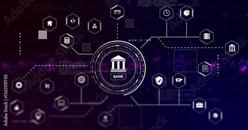 Digital network showing banking technology icons connected in animation background