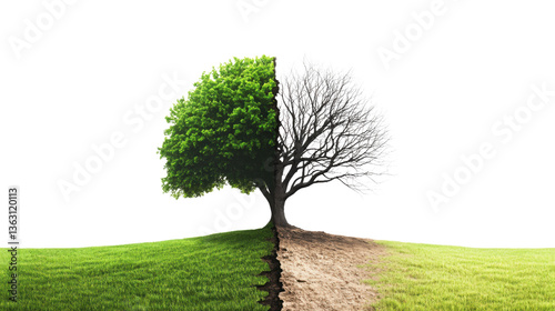 Dramatic Split Tree – One Side Lush Green, the Other Side Withered and Dead, Isolated on White Background