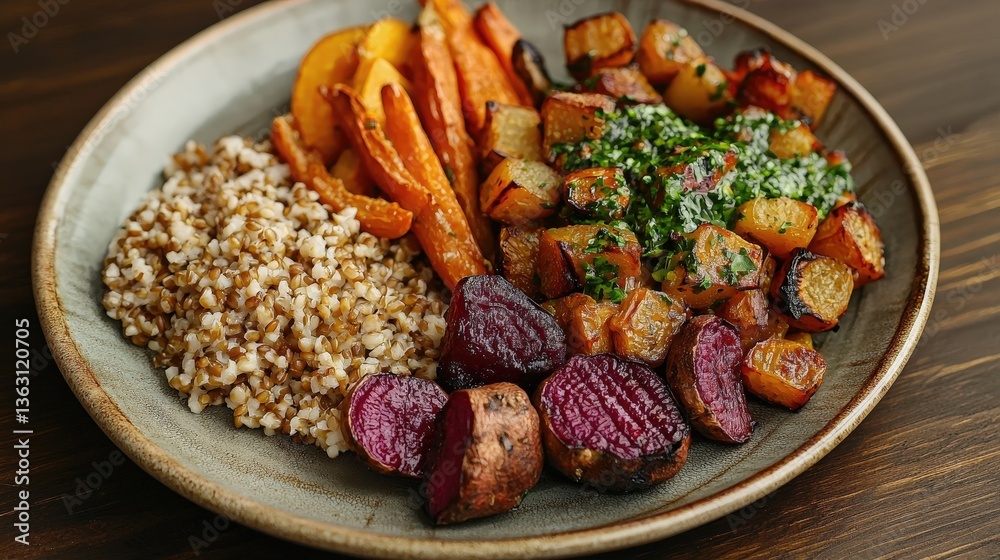 Fototapeta premium Rustic plate with roasted vegetables and grains, garnished with fresh herbs