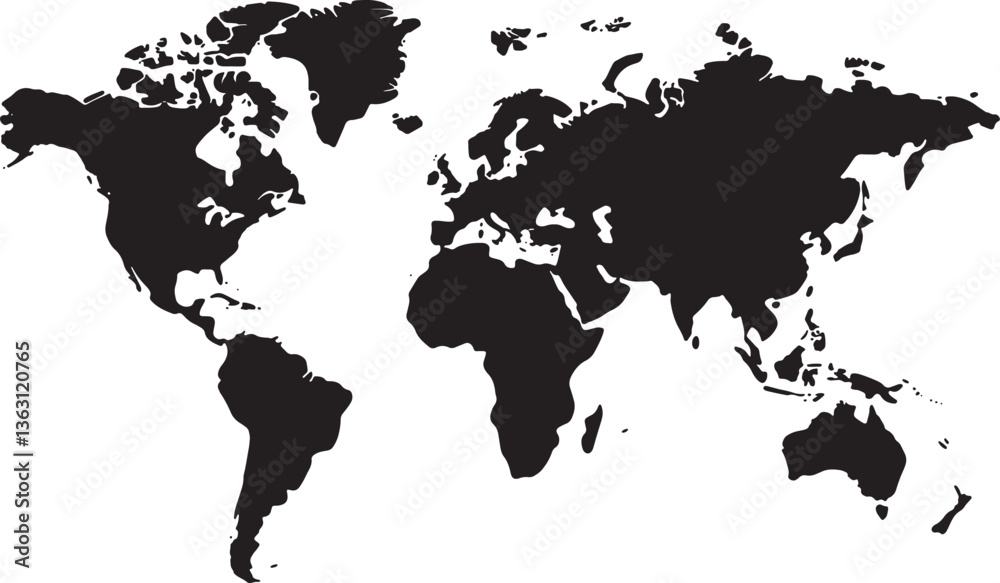 Global Perspective: A minimalist, high-contrast world map in black, offering a powerful visual of interconnectedness, travel, and the expanse of global landscapes Global Perspective: A minimalist, high-contrast world map in black, offering a powerful visual of interconnectedness, travel, and the expanse of global landscapes