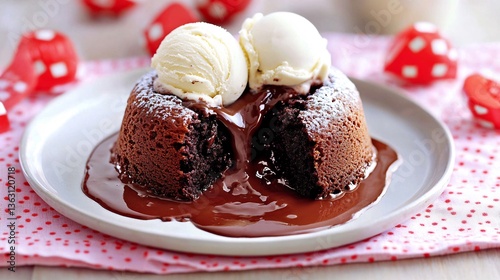 Gooey chocolate lava cake a molten center served with vanilla ice cream