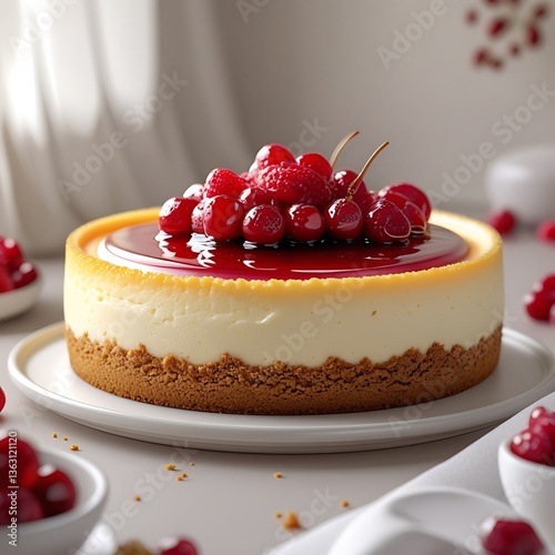 Ultra-Realistic Close-Up of Classic Cheesecake with Berry Topping and Golden Crust