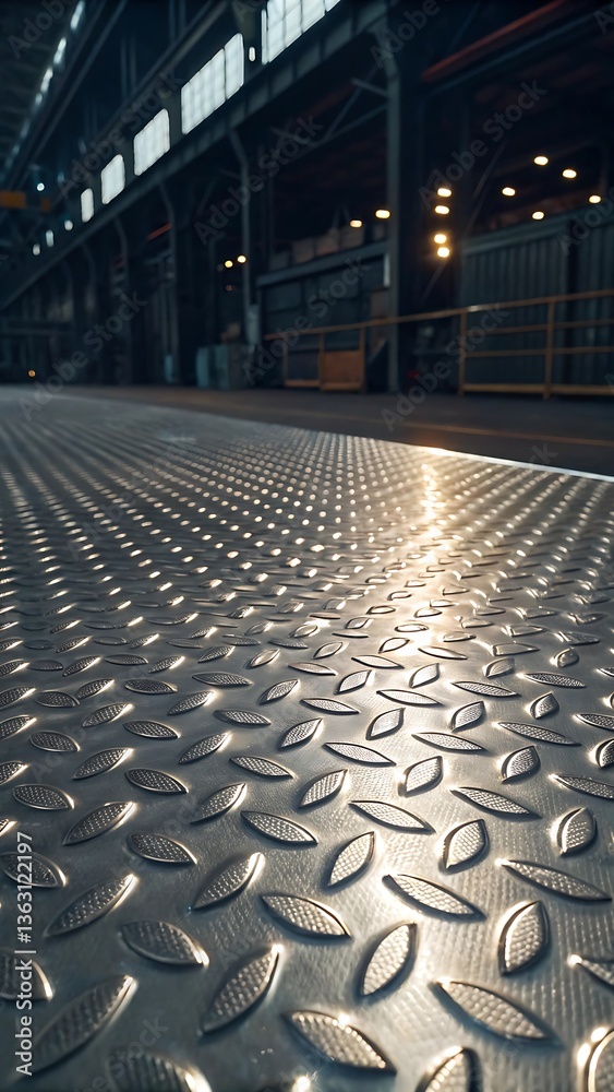 Fototapeta premium Diamond Plate Flooring Perspective with Factory Interior, Durable Metal Surface, Industrial Setting, Dim Lighting, and Architectural Background.
