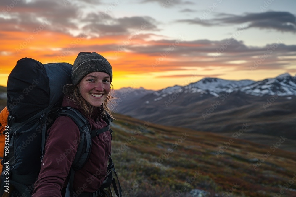Naklejka premium Hiker watching colorful sunset in mountains 
