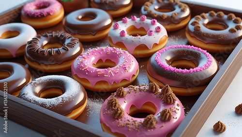 Ultra-Realistic Close-Up of Assorted Donuts with Glossy Glazes and Toppings on a Wooden Tray
