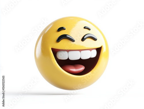 Bright yellow smiley face with large grin and white teeth on a clean wall