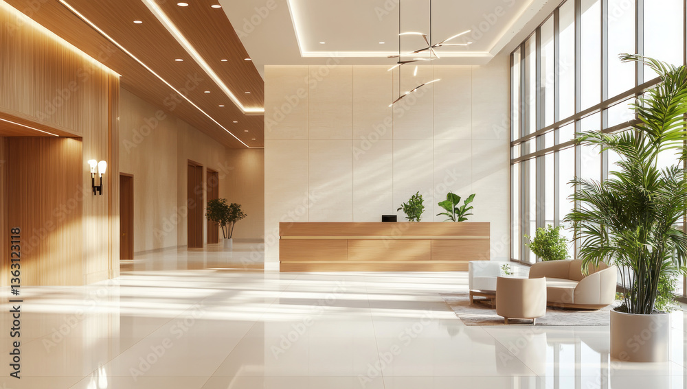 Fototapeta premium Modern Lobby Interior Design: Sunlit Elegance in a Contemporary Office Space