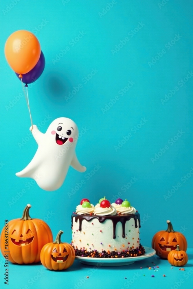 Fototapeta premium A cheerful ghost floats with balloons towards a delicious Halloween cake and smiling pumpkins
