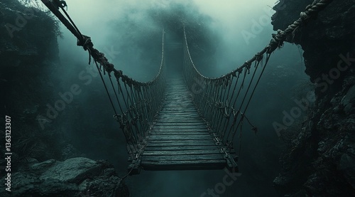A suspenseful view of a rickety rope bridge stretching across a misty chasm. The dark, moody atmosphere creates a sense of adventure and danger.