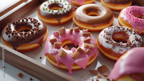 Ultra-Realistic Close-Up of Assorted Donuts with Glossy Glazes and Toppings on a Wooden Tray
