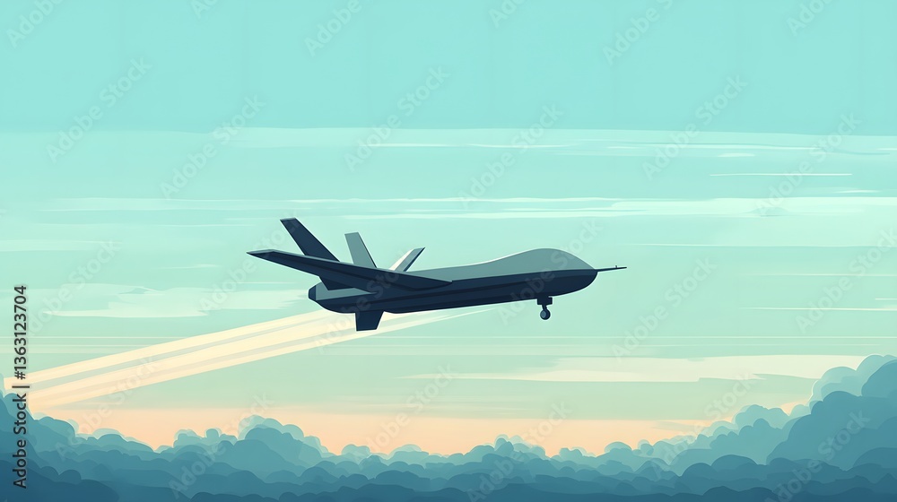 Obraz premium Airplane flying across a vibrant sky, sleek commercial jet above scenic mountains, travel and adventure theme, copy-space available.