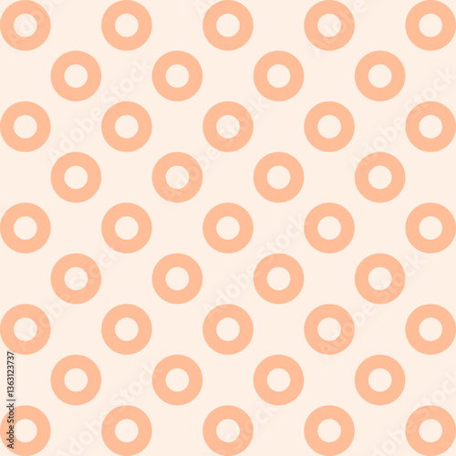 Modern minimalist vector pattern with circular grid, polka dot, lattice, mesh or net in trendy peach fuzz color. Seamless abstract simple geometric background with circles for print.