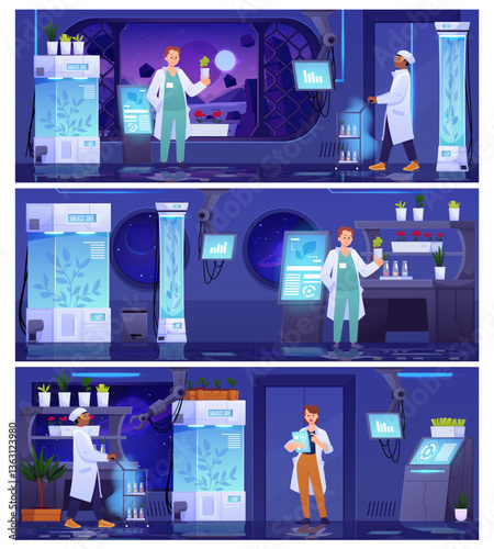 Vector set of scenes with secret laboratory and researchers in outer space in cartoon style