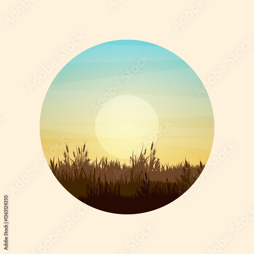 Meadow silhouettes with grass and old wooden fence. Countryside, round panoramic summer lawn rural landscape with herbs, weeds. Agriculture and farming. Summer sunset in nature. Vector illustration