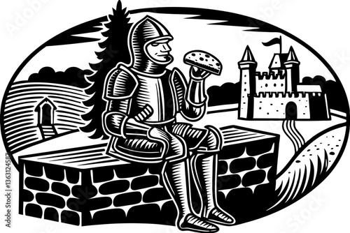 Medieval knight in full armor enjoying pizza slice, historical imagery with humorous elements sketch linocut vector