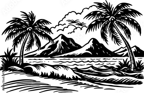 Tropical beach with ocean waves, palm trees, mountains in the background drawn in an engraved, woodcut style sketch linocut vector