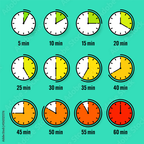 Stopwatch icons. Colorful simple chronometer, time counter with dial. Countdown timer showing hours and minutes. Deadline, measurement for sport. Cooking time label, sticker. Vector illustration