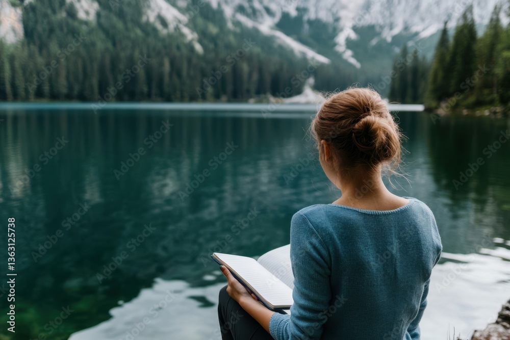 Fototapeta premium Woman writing in notebook by mountain lake 