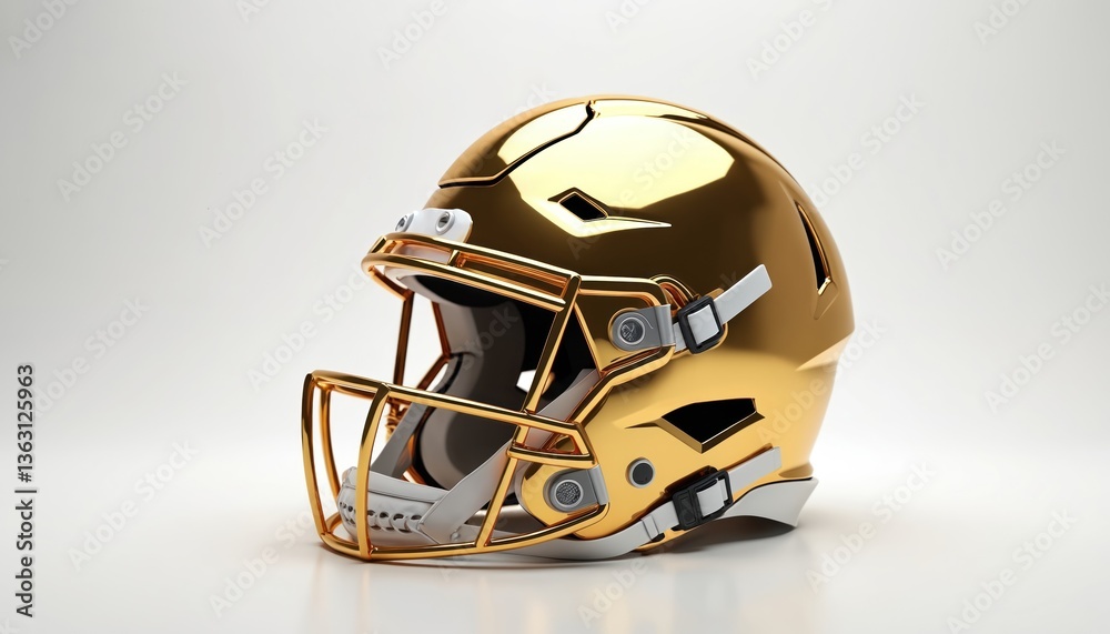 Fototapeta premium Gold football helmet on white backdrop. Modern sport head protection gear. Shiny golden face mask, high-quality professional equipment for American football players. Safety, design concept for team
