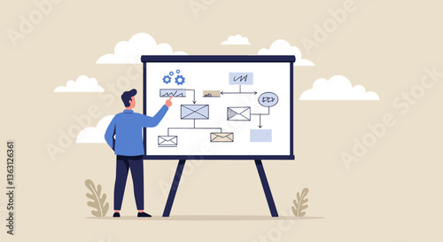 Man explaining a workflow chart.