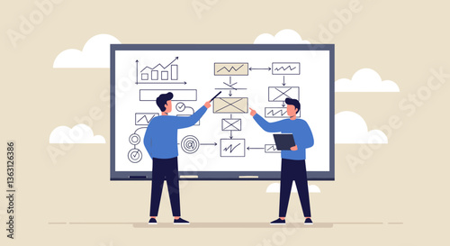 Two men collaborate on a flowchart, brainstorming and planning.