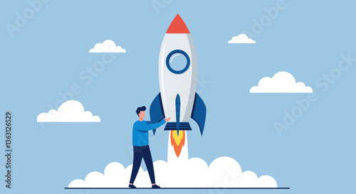 Man launching a rocket into the sky.