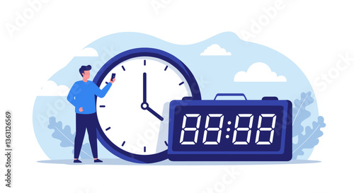 Man checks time on phone, clocks show 8:88.