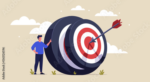 Man achieves goal; target hit by arrow.