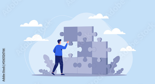Man solving a puzzle.  Problem-solving concept.
