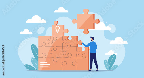Man solving a large puzzle.  Concept of problem solving and innovation.