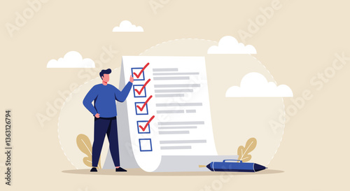 Man reviewing checklist, tasks complete.