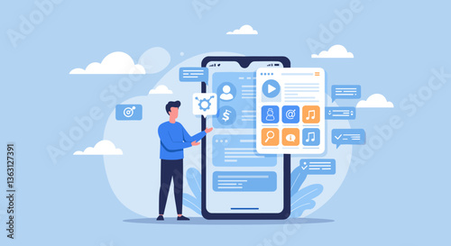 Man interacting with a mobile app interface.