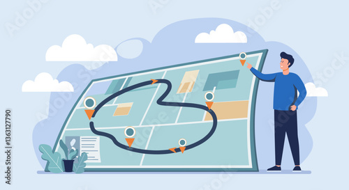 Man planning a route on a large map.