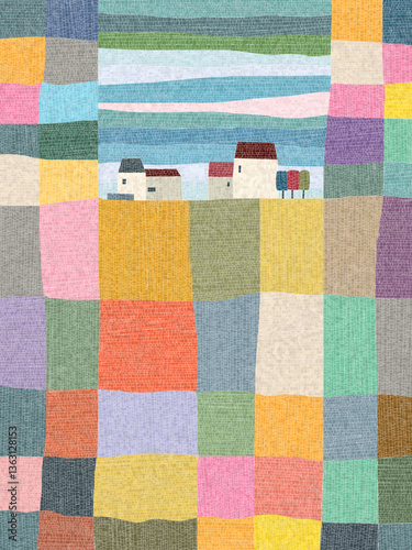 Farm village mosaic, vector illustration in colors over white background