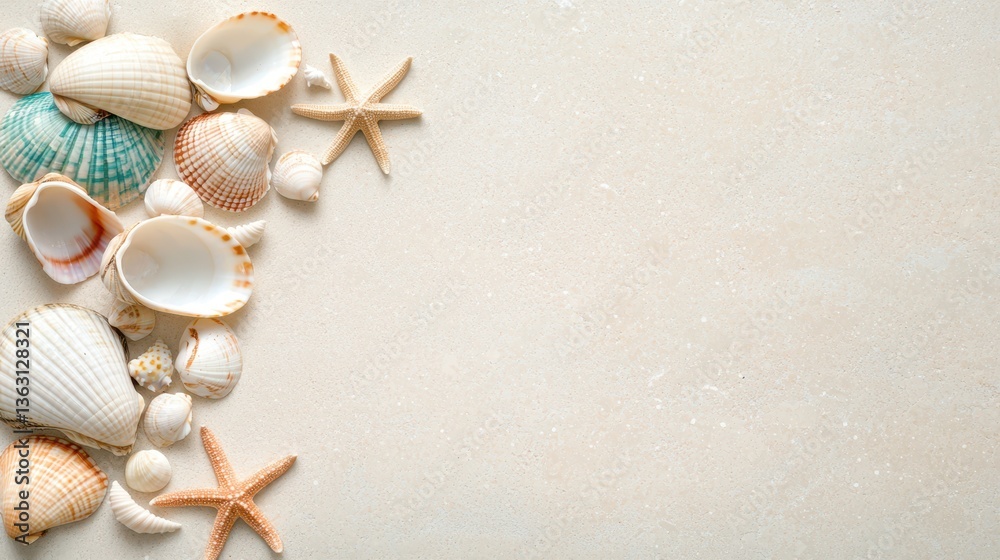 Soft sand with scattered scallop shells and starfish, gentle pastel lighting, minimal coastal theme. Soft sand with scattered scallop shells and starfish, gentle pastel lighting, minimal coastal theme.