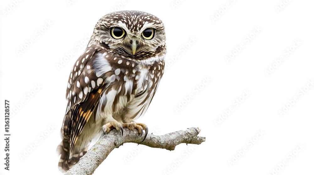 Naklejka premium Little owl perched on branch, white background, wildlife, nature, isolated