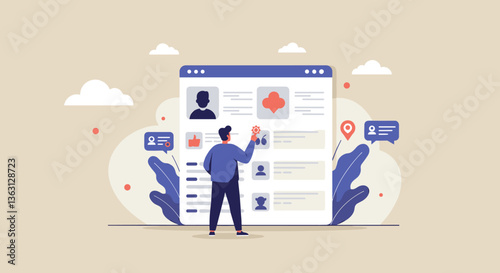 Man customizing his online profile.  Modern design.