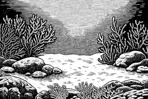 black and white ocean surface seen from underwater with corals and rocks sketch hand drawn outline