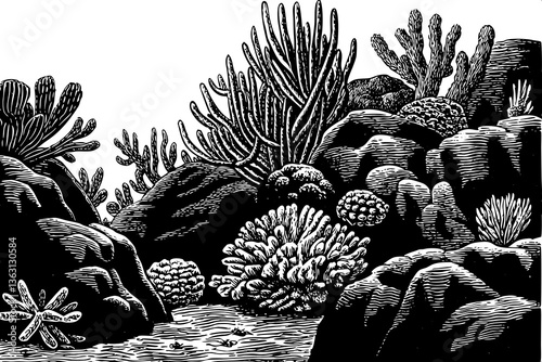 black and white ocean surface seen from underwater with corals and rocks sketch hand drawn outline