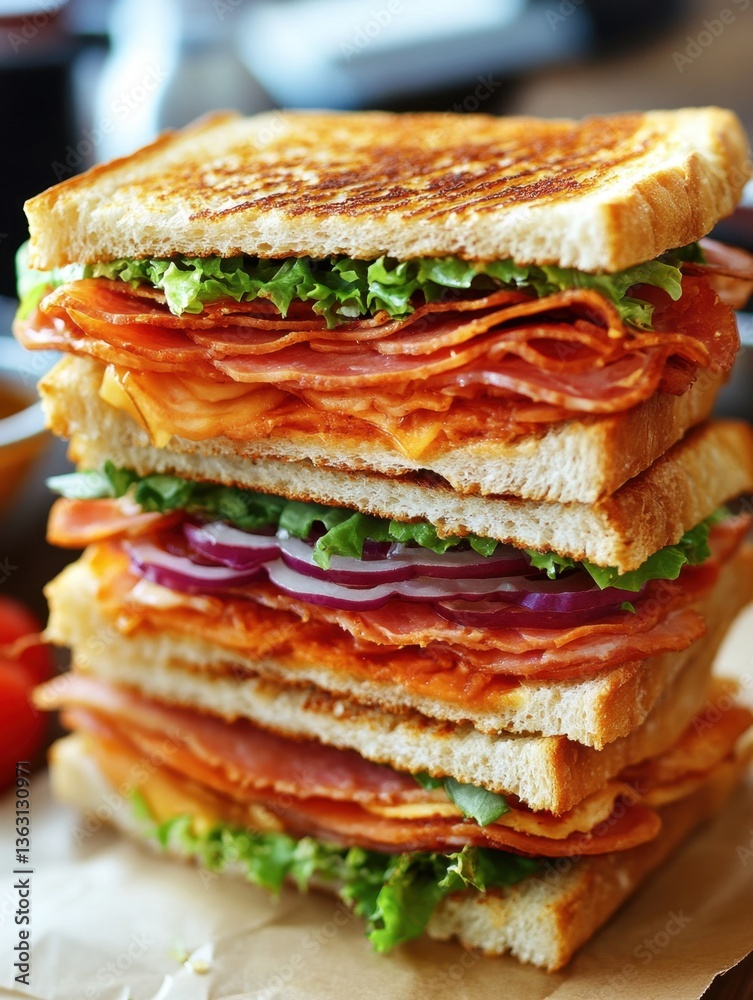 Delicious towering sandwich with ham cheese lettuce and onion on toasted bread close up appetizing food photography Delicious towering sandwich with ham cheese lettuce and onion on toasted bread close up appetizing food photography