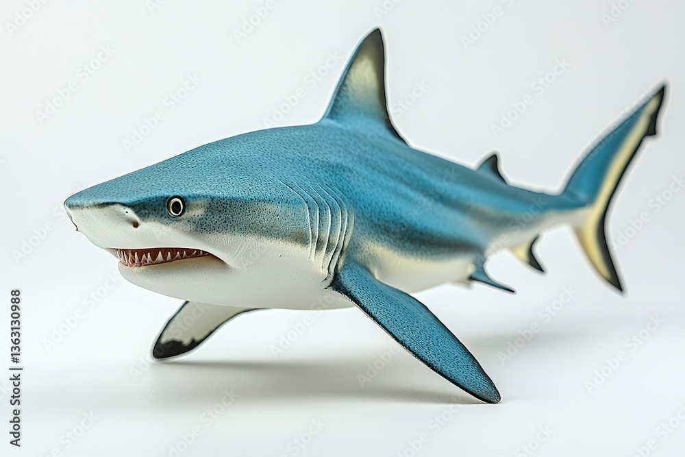 Fototapeta premium Detailed model of a blue shark on white background: maritime wildlife representation