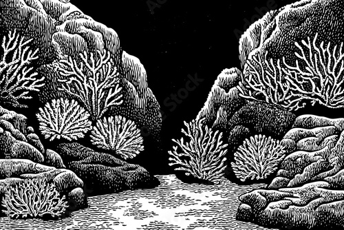 black and white ocean surface seen from underwater with corals and rocks sketch hand drawn outline