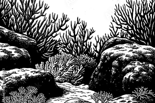 black and white ocean surface seen from underwater with corals and rocks sketch hand drawn outline